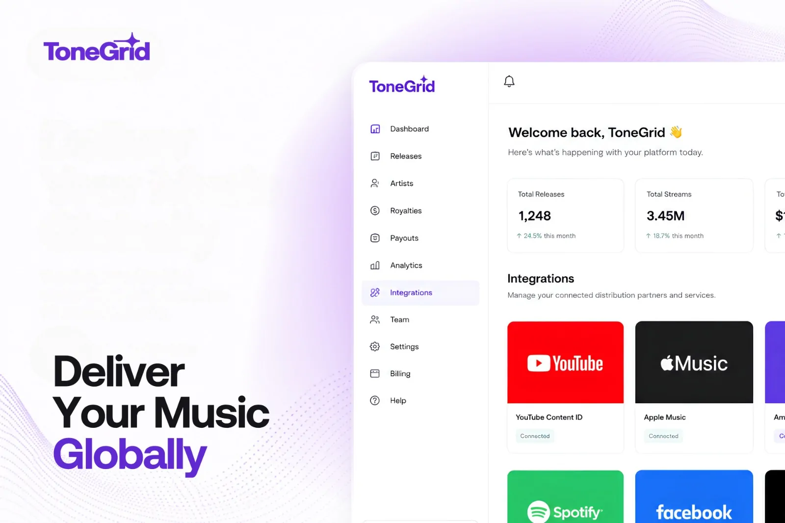 ToneGrid: deliver your music globally. White-label distribution, royalties and analytics for labels and distributors.