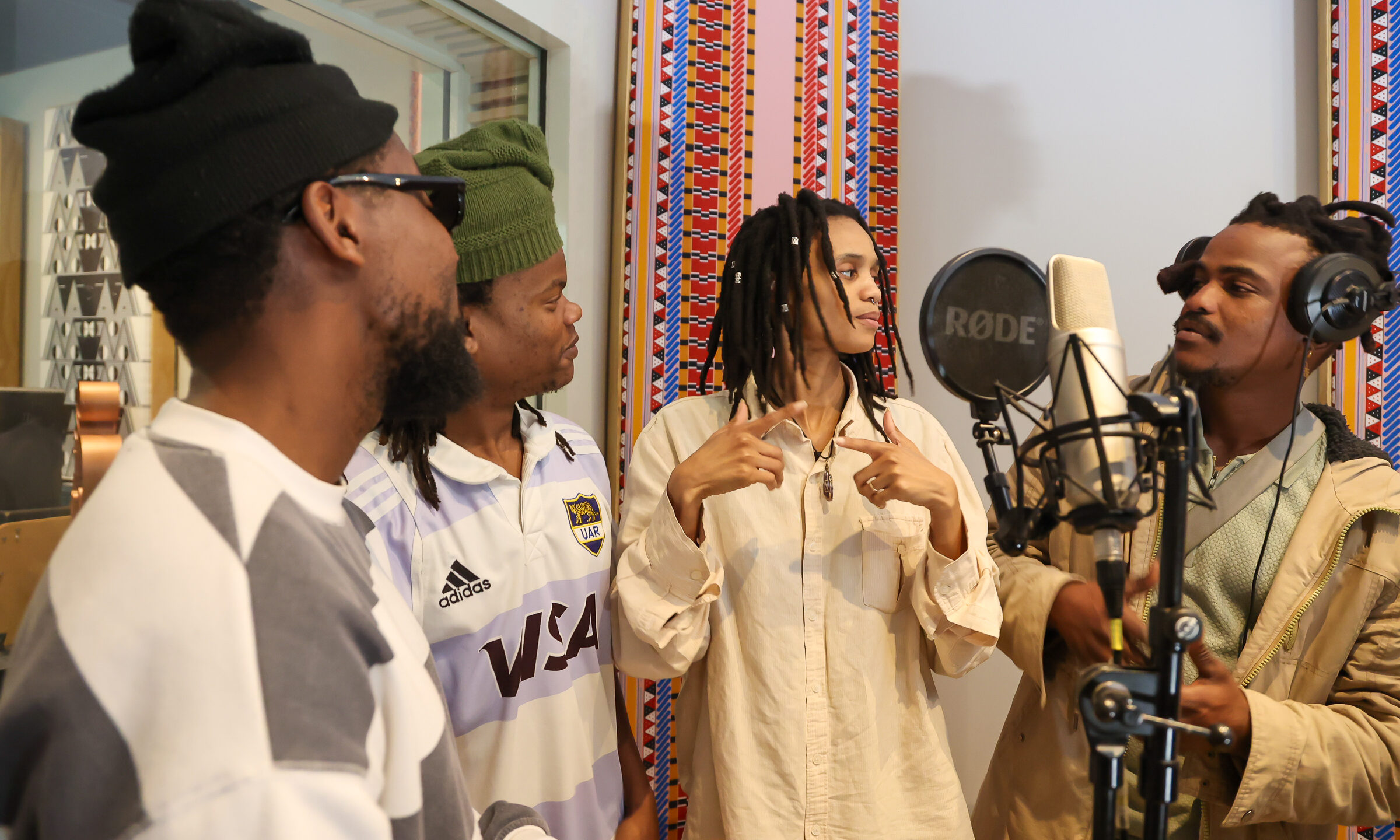 Ndibale collective members during a studio recording session in Cape Town, South Africa.
